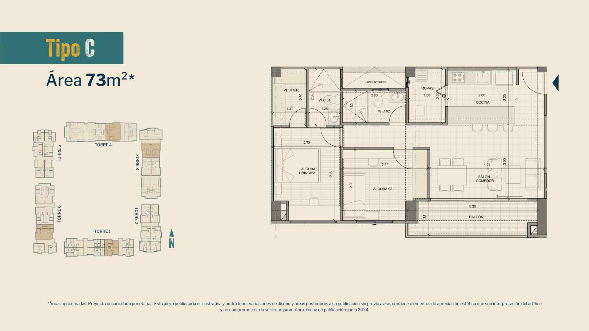 Plano apartamento tipo C 73m²