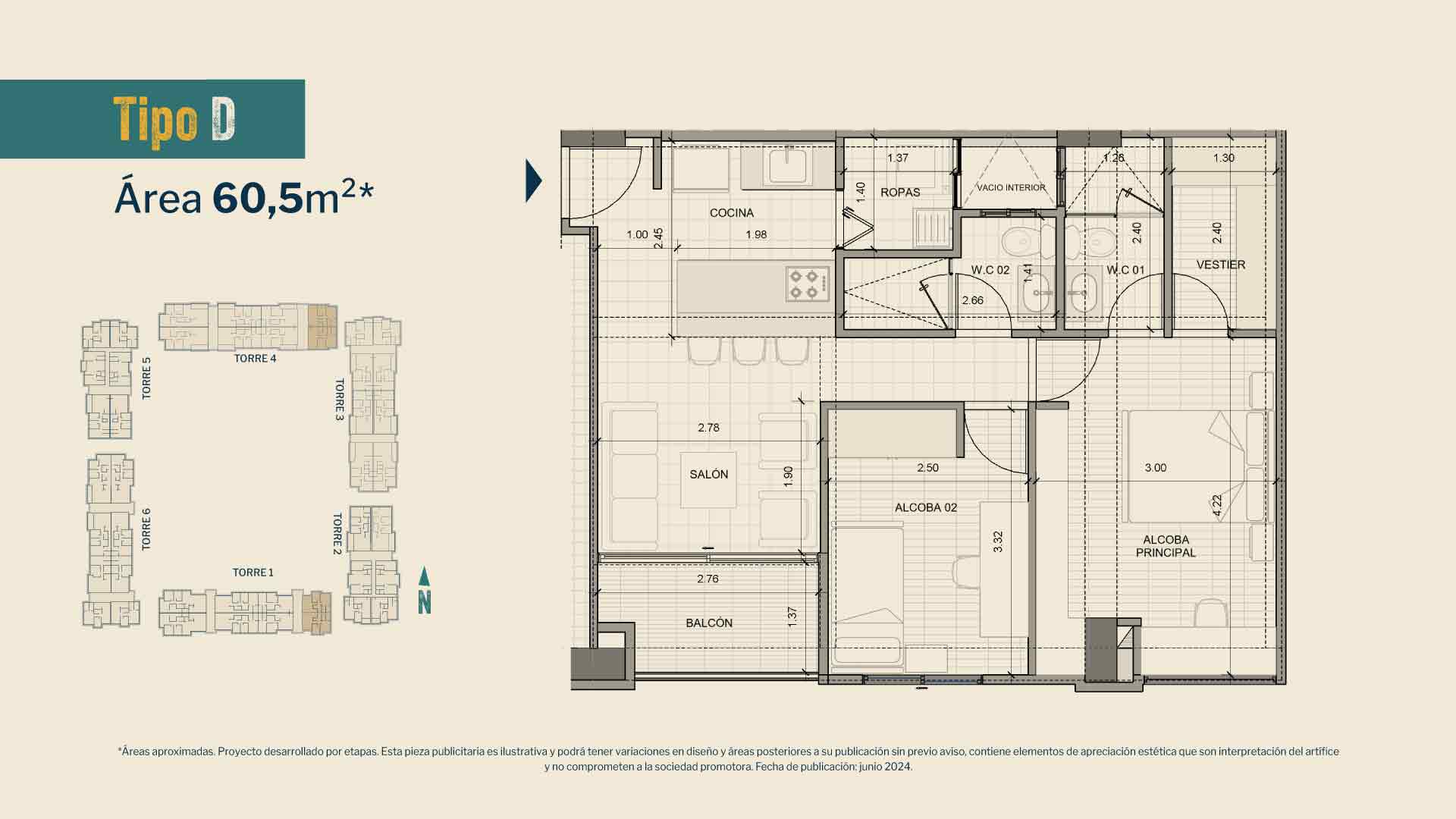 Plano apartamento tipo D 60.5m²