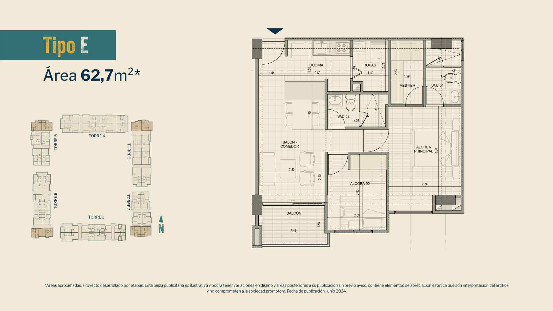 Plano apartamento tipo D 62.7m²
