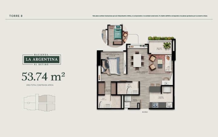 Plano apartamentos 53 m2 de  Hacienda la Argentina